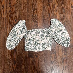 Abercrombie & Fitch Linen-Blend Puff Sleeve Set Top Green